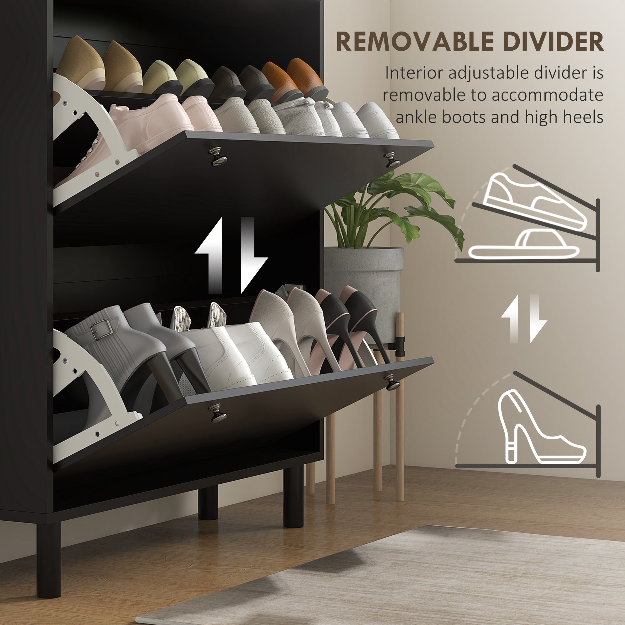 HOMCOM Narrow Shoe Storage Cabinet with 3 Flip Drawers Adjustable Shelves for 24 Pairs Black