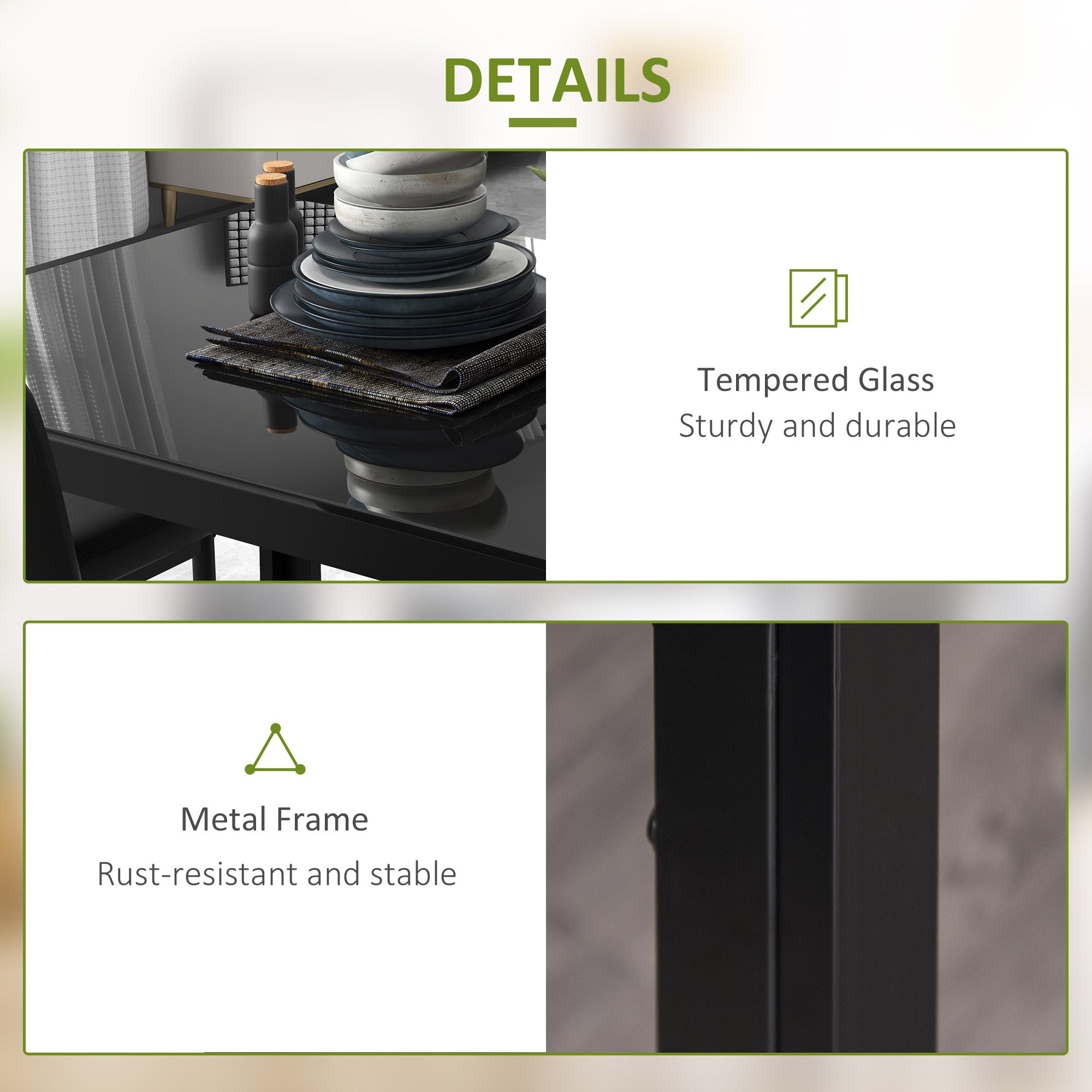 HOMCOM 5-Piece Rectangular Glass Dining Table Set for 4 with Metal Frame Faux Leather Chairs Kitchen Furniture Black