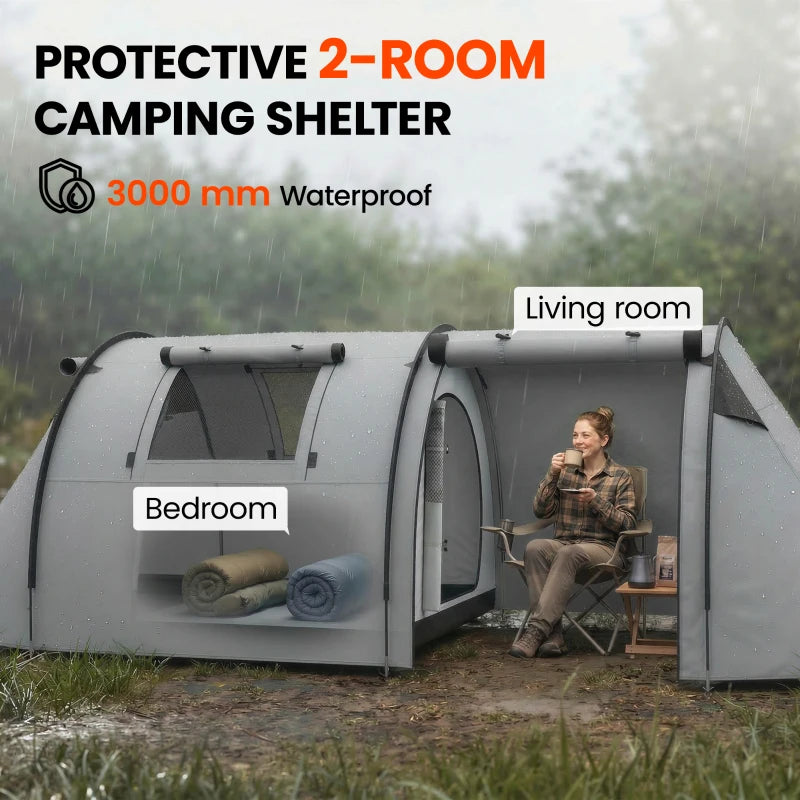 Outsunny 3-4 Person Camping Tent with 2 Rooms, 3000mm Waterproof Family Tunnel Tent with Carry Bag – Grey