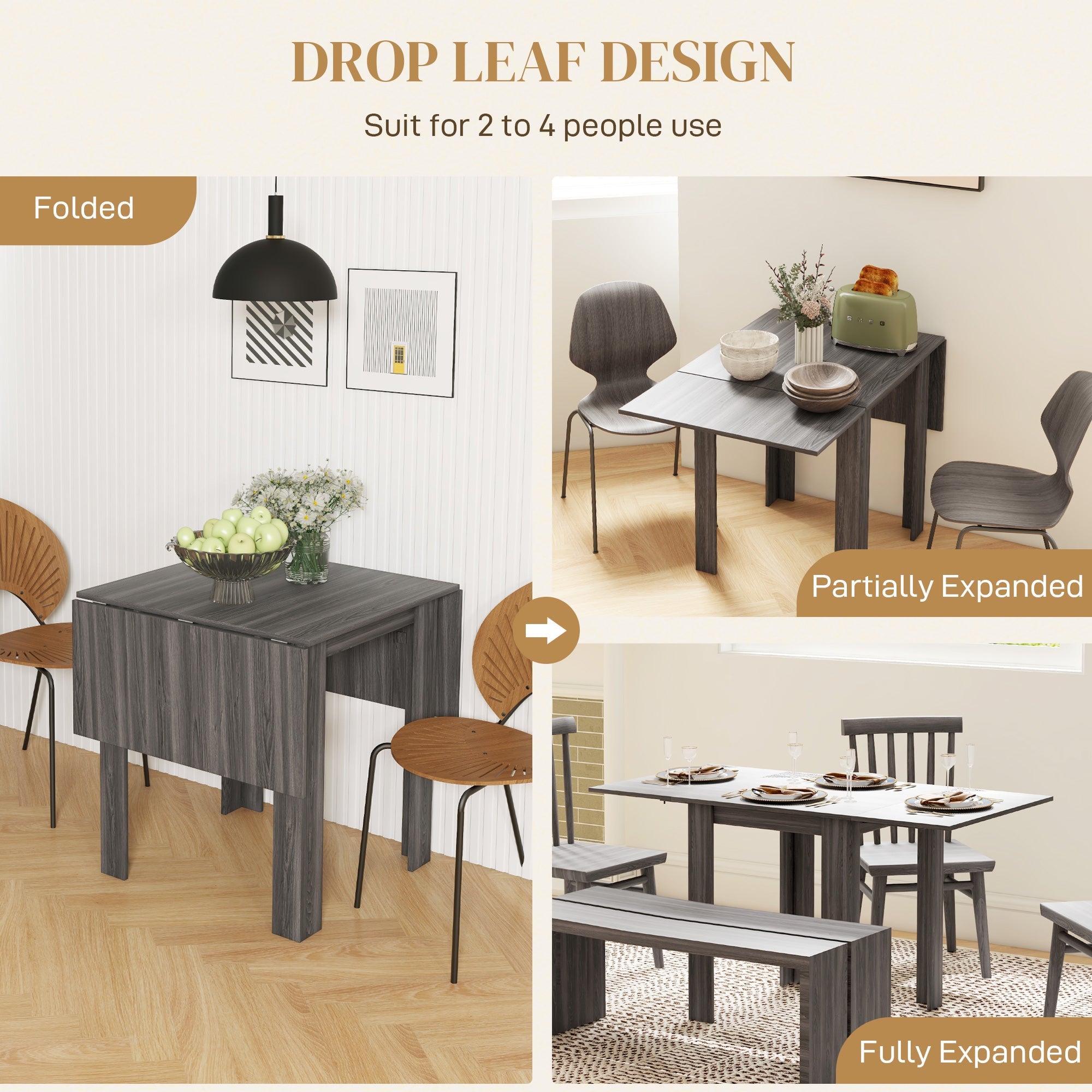 HOMCOM Folding Extendable Drop Leaf Kitchen Dining Table for 2-4 People Small Spaces Grey