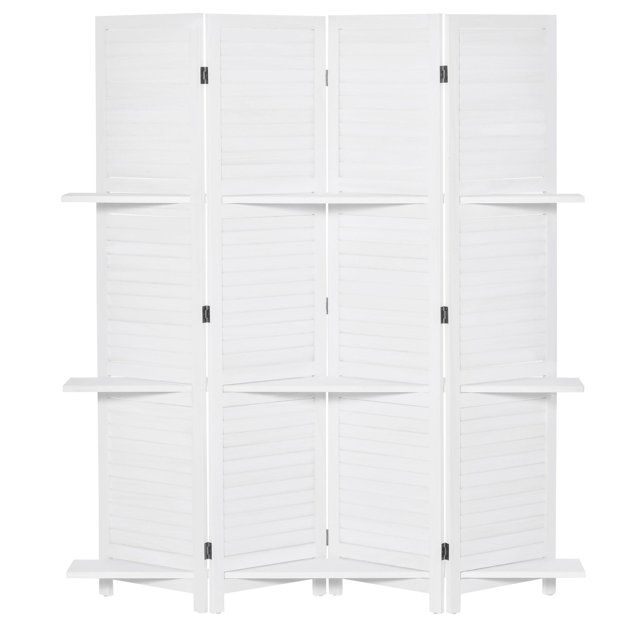 HOMCOM 5.6' 4-Panel Wood Room Divider Folding Privacy Screen Indoor Panels 3 Shelves White