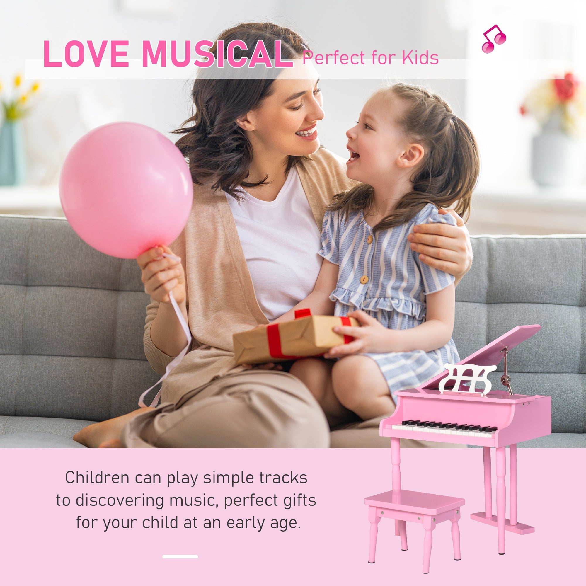 HOMCOM Kids Grand Piano 30 Keys Mini Musical Toy with Music Stand Bench Set of 2 Ideal Gift for Children Pink
