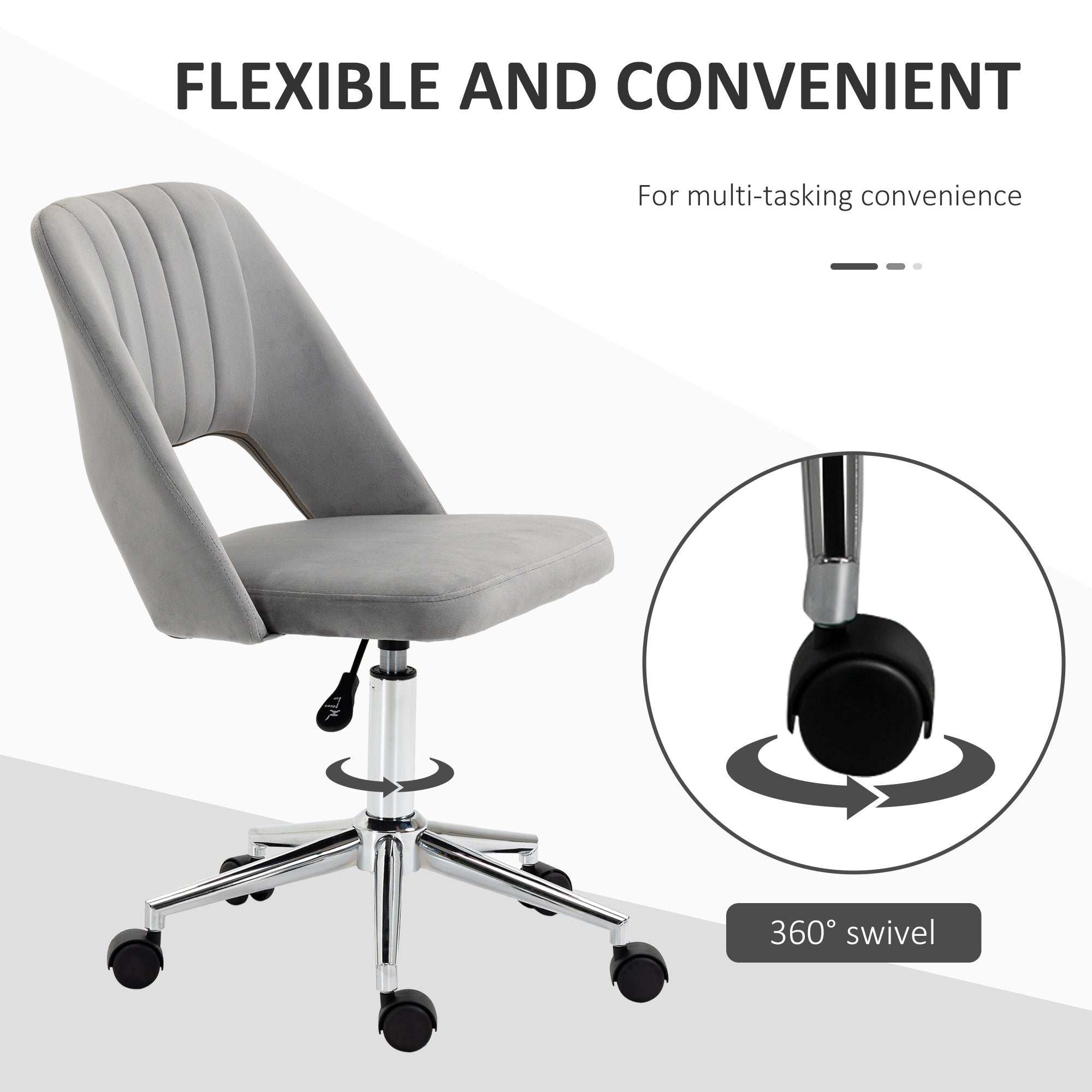 Vinsetto Ergonomic Swivel Chair: Plush Velvet Upholstery, Scalloped Backrest & 360° Mobility for Comfortable Computing, Grey