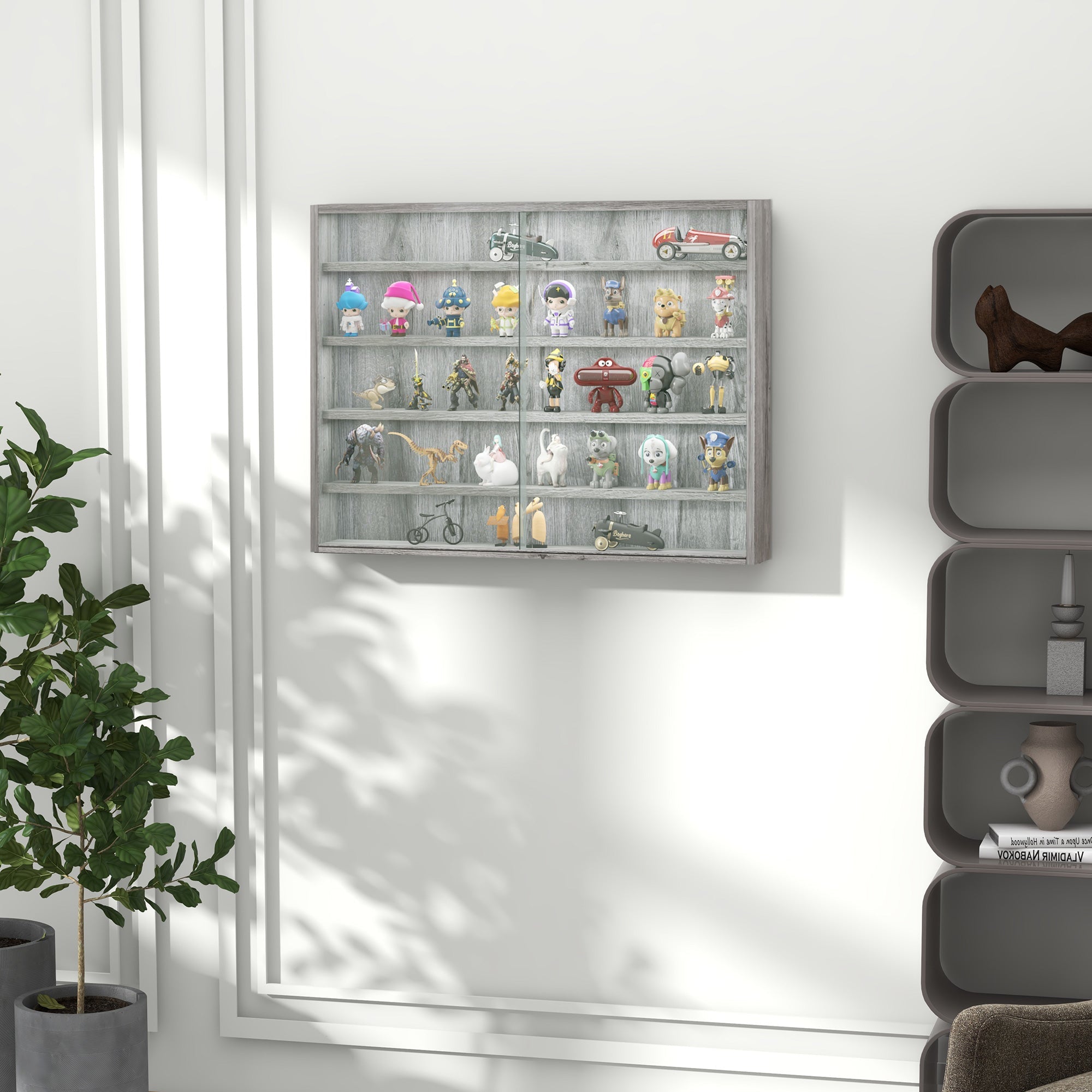 HOMCOM Contemporary Elegance: 5-Tier Wall Curio Cabinet with 2 Glass Doors, 4 Shelves for Shot Glass Display, Grey Finish