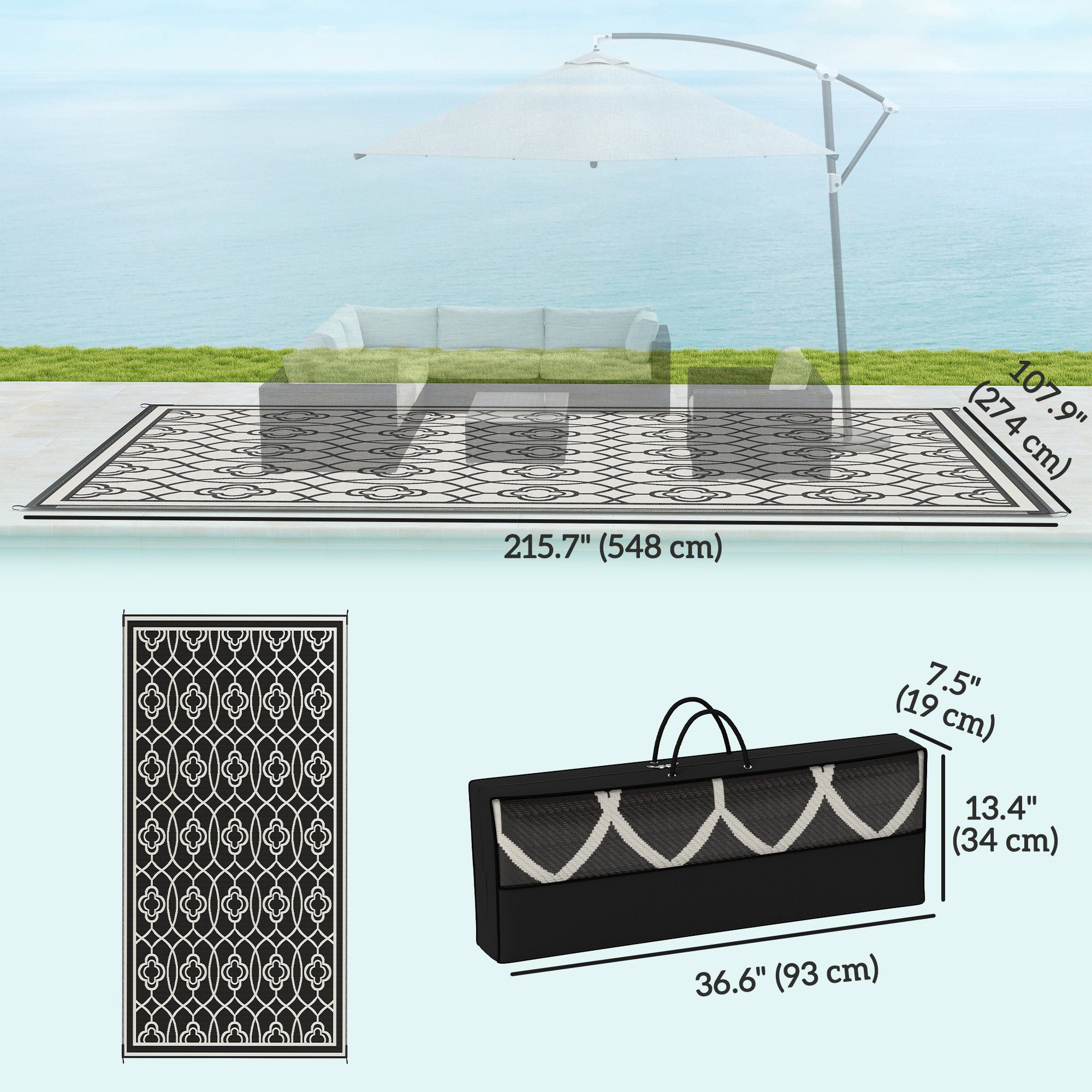 Outsunny 9' x 18' Outdoor RV Rug, Reversible Patio Floor Mat with Carry Bag, Lantern, Black and White