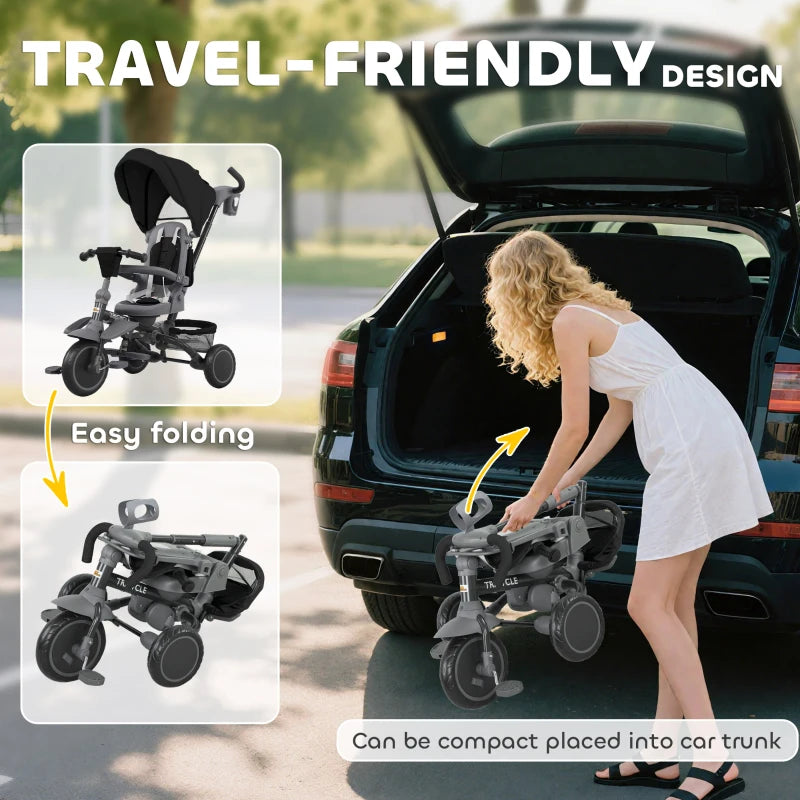 Qaba 6 in 1 Toddler Tricycle for 1-5 Years Old with Push Handle, Removable Canopy, Rotatable Seat, Black