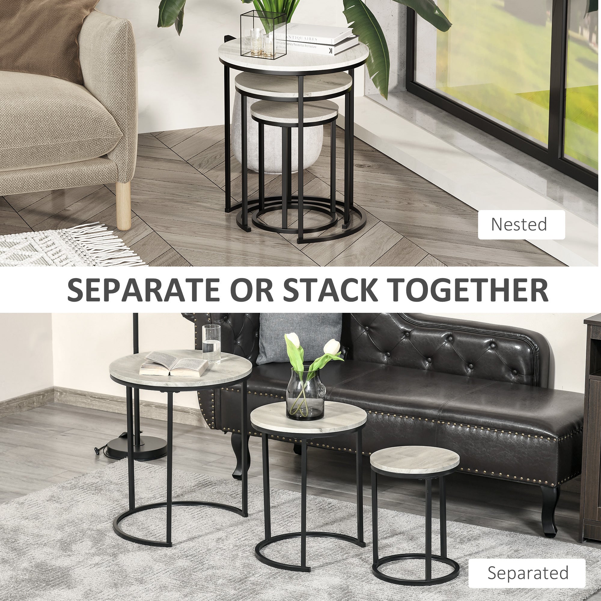HOMCOM Trendy Nested Coffee Tables: Set of 3 Stacking Side Tables with Woodgrain Steel Frame for Living Room, Chic Grey