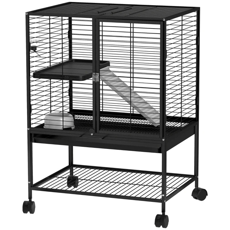 Rolling Small Animal Cage 34"H Chinchilla Cage for Ferrets, Squirrels w/ Removable Tray, Storage Shelf, Black
