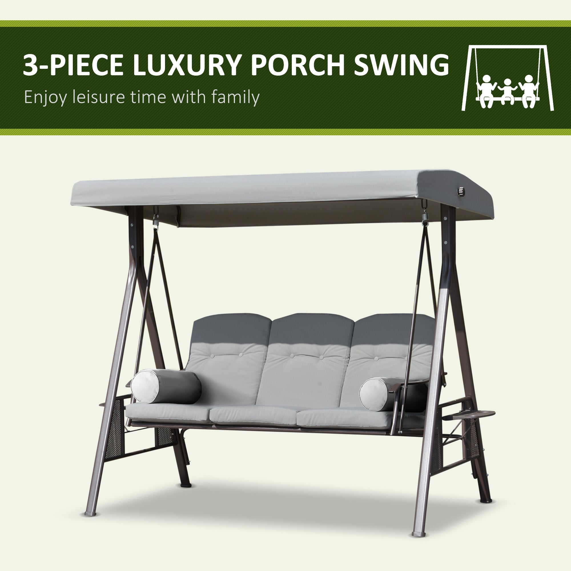 Outsunny Outdoor Patio 3-Person Steel Canopy Cushioned Seat Bench Swing with Included Side Trays & Padded Comfort, Light Grey