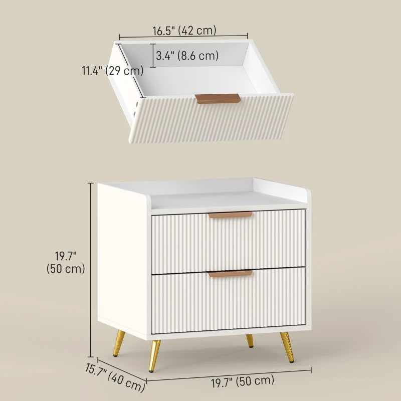 Bedside Table, Nightstand with 2 Drawers, Side End Table with Metal Legs for Bedroom, White