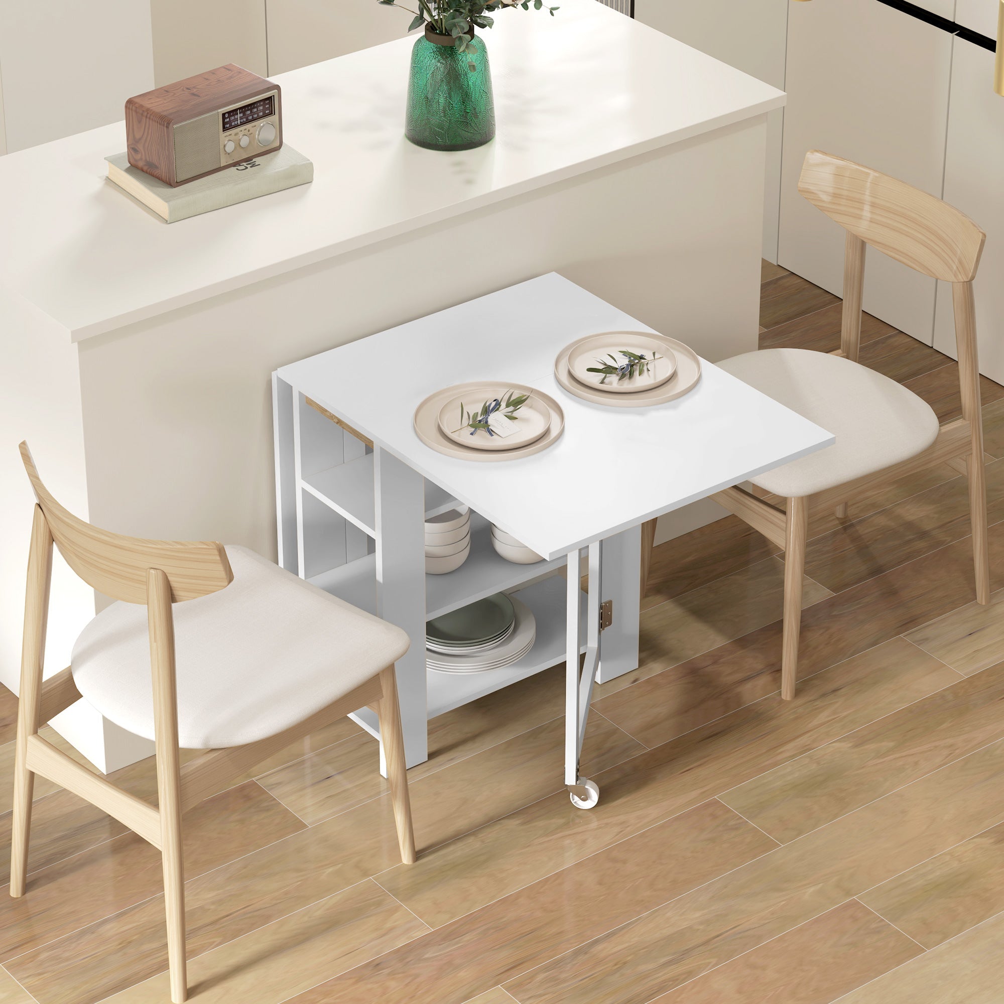 HOMCOM Folding Kitchen Table with Storage Drop Leaf Design Space Saving Small Spaces White Compact Versatile Functional