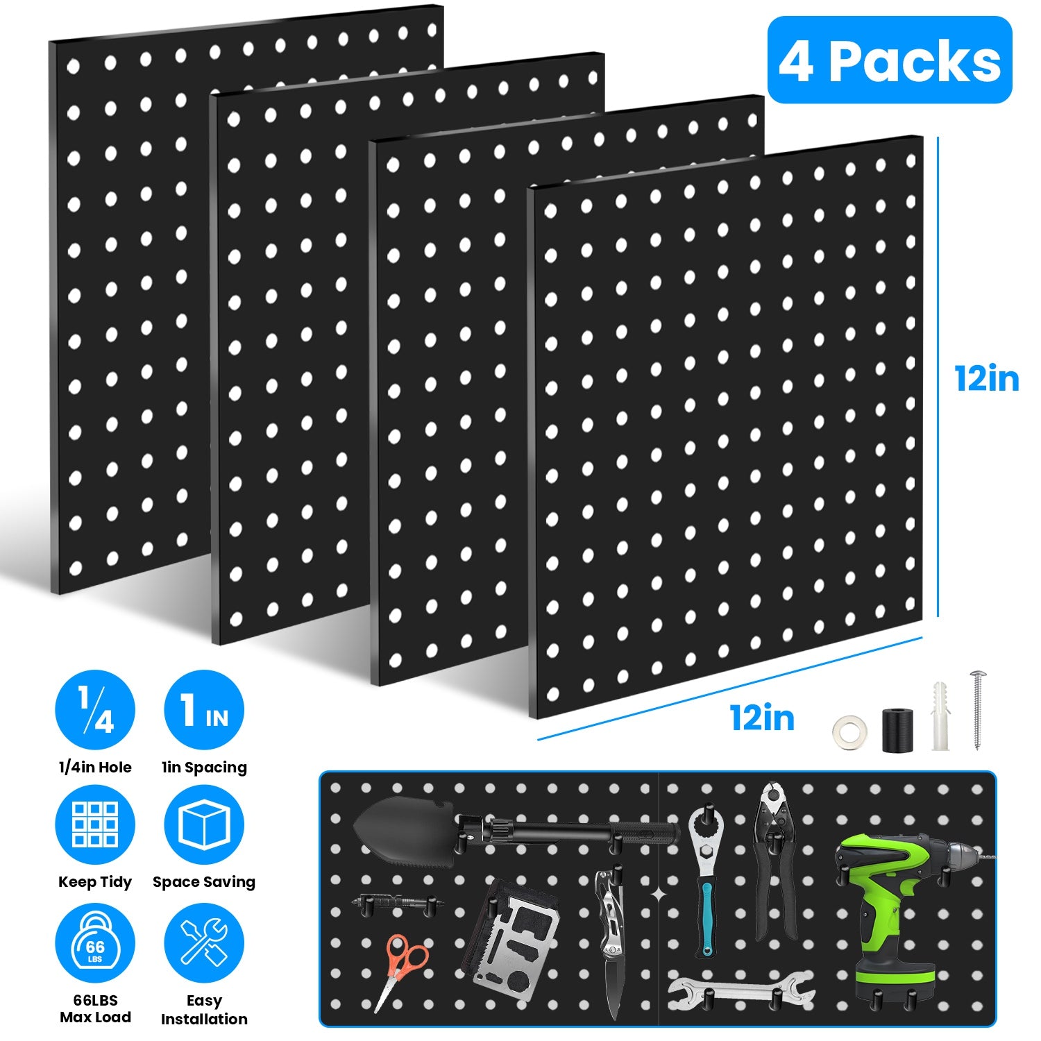 4 Packs Metal Pegboards Black Peg Boards Wall Organizer Panel Board Storage Hanger Tool with 1” Spacing 1/4” Hole for Office Garage Basement Craft Roo