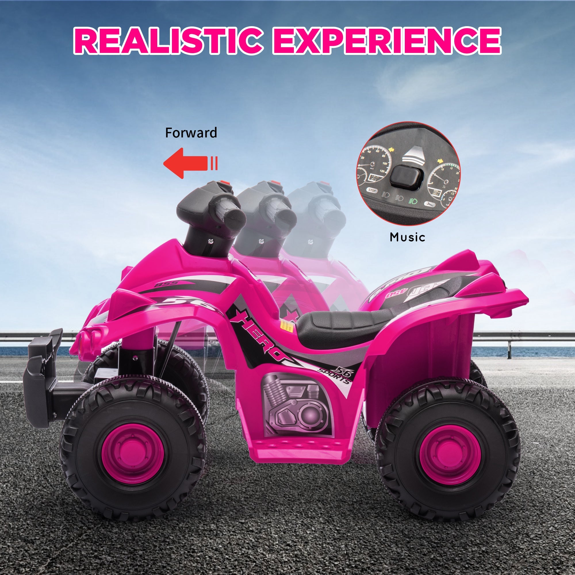Qaba 6V Kids ATV Quad w/ Music, Forward, for 2-6 Years, Pink