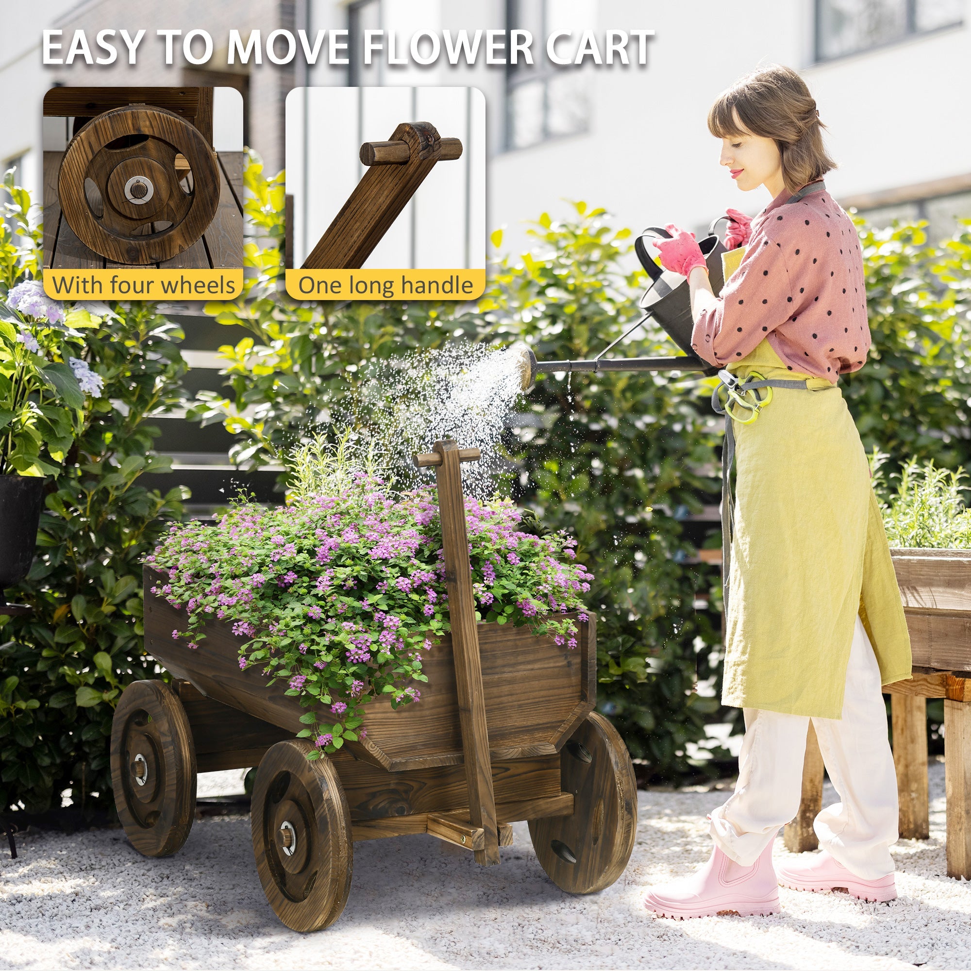 Outsunny Wooden Flower Cart Planter Box: Raised Garden Bed on Wheels, Outdoor Planters for Patio Decor