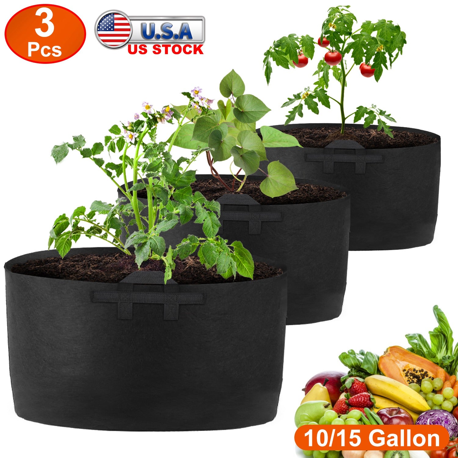 3 Pack Plant Grow Bags Potato Vegetable Planter Bags Breathable Planting Fabric Pots 15Gallons