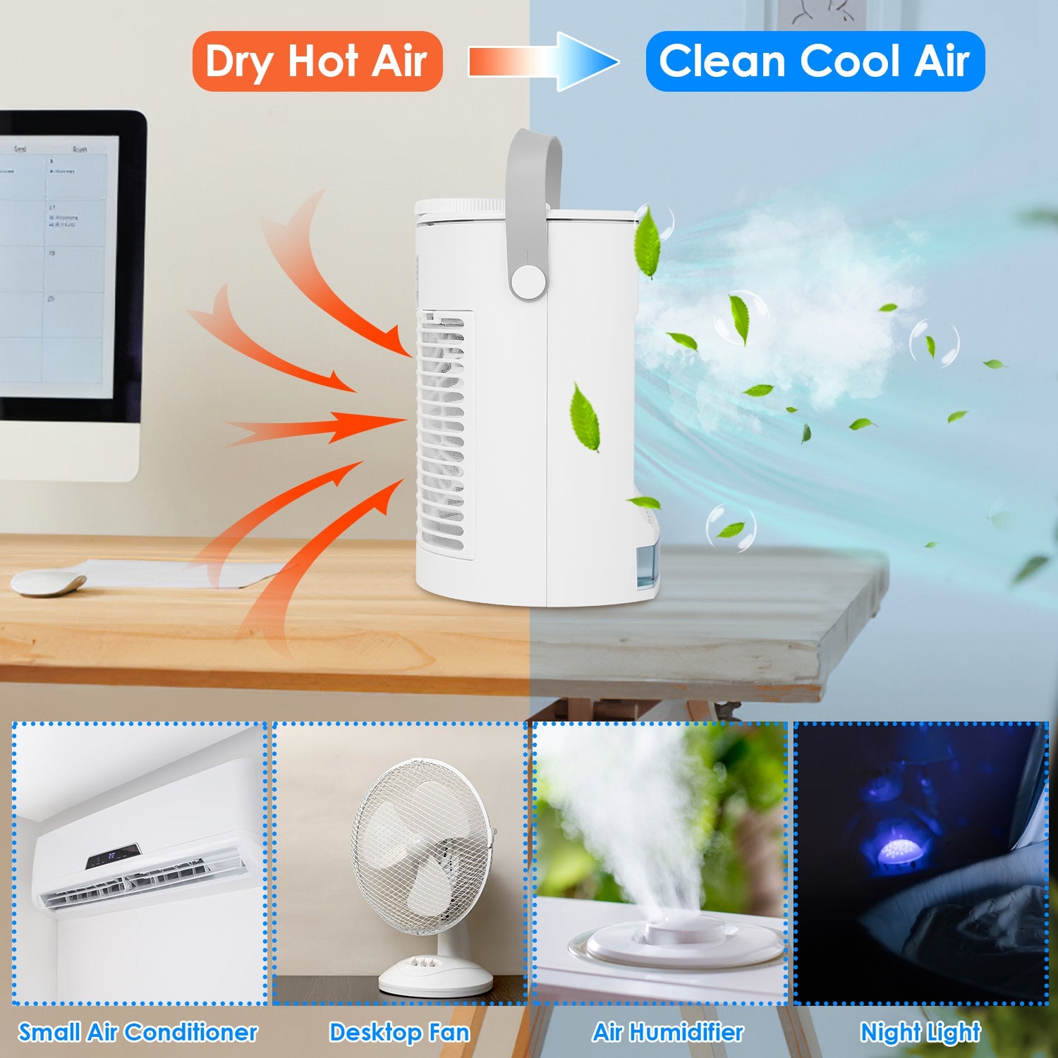 Portable Air Conditioner Fan Evaporative Humidifier 3 Speed Spray Personal Cold Mist Air Cooler Desk Table Fan Water Tank Night Light Adjustable Angel