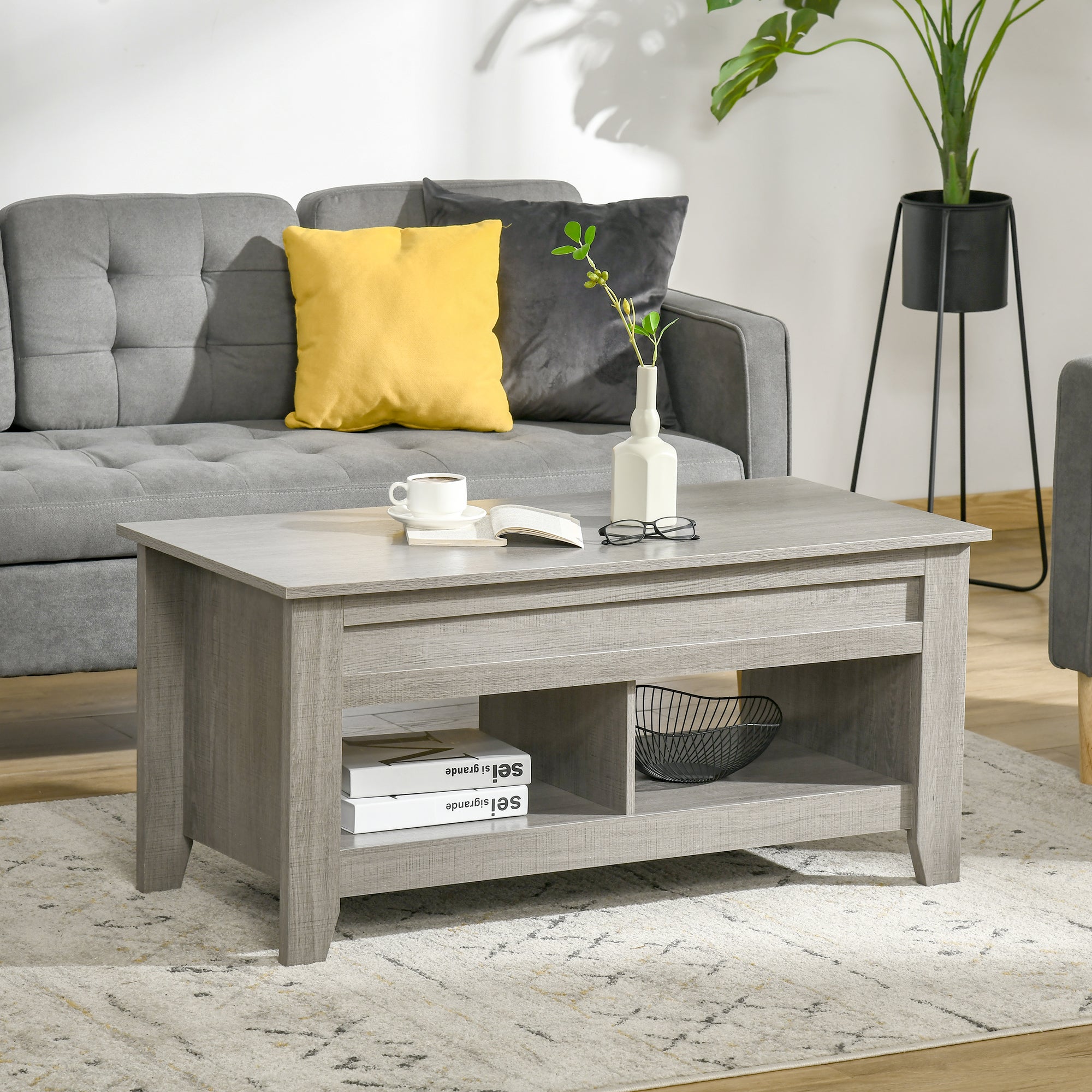 HOMCOM Light Grey Lift Top Coffee Table: Pop-Up Center Table with Hidden Storage, Open Shelves for Living Room
