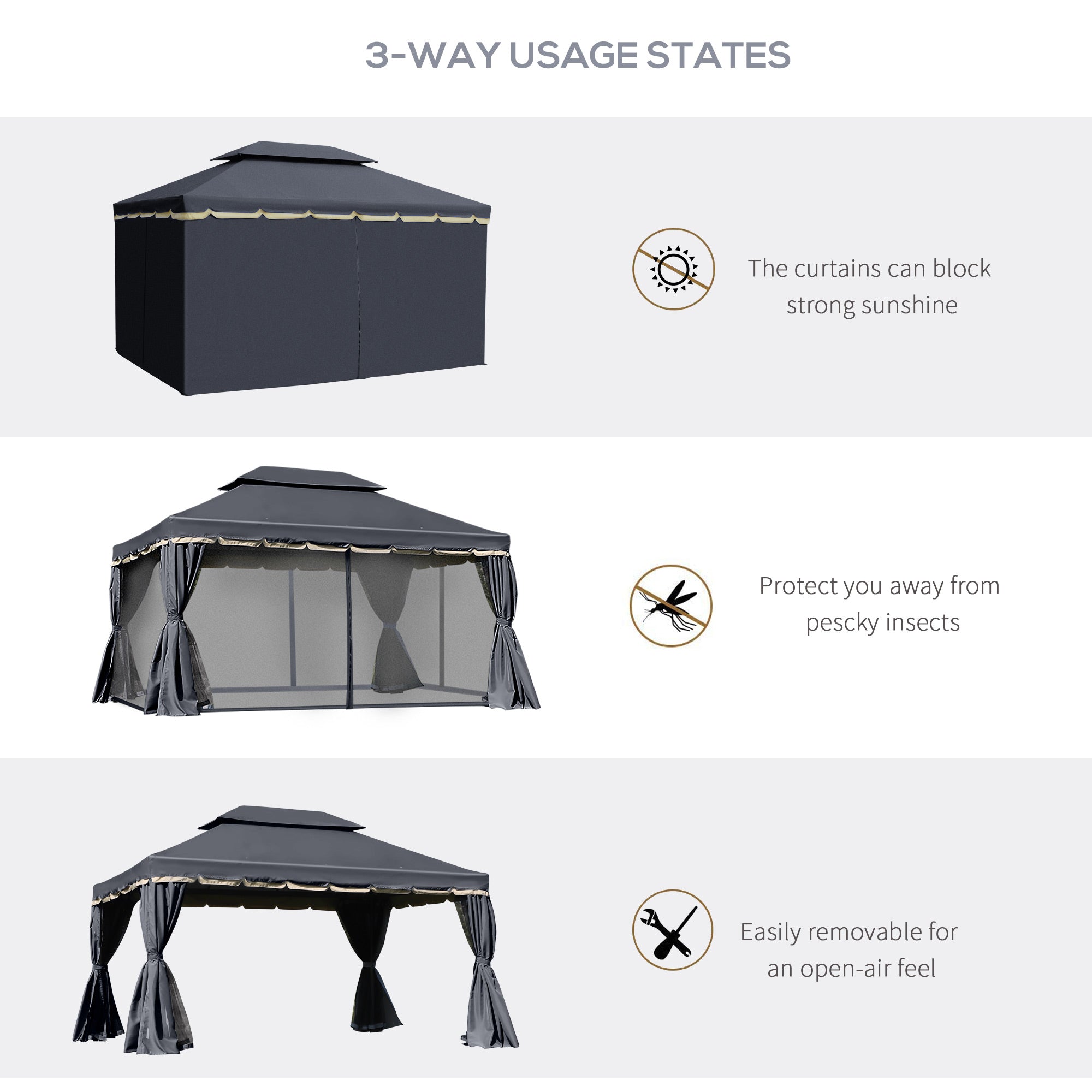Outsunny Outdoor Patio Gazebo 13x10ft Canopy 2-Tier Roof Vented Mesh Sidewall Aluminum Frame Black