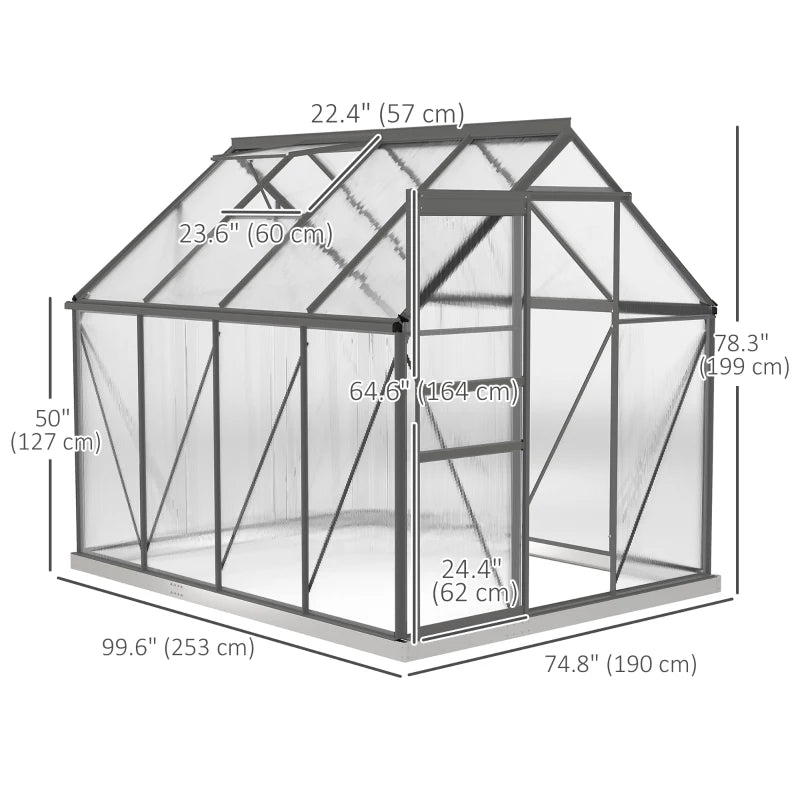 6' x 8' x 6.5' Polycarbonate Greenhouse, Walk-in Green House with Adjustable Roof Vent Galvanized Base Sliding Door Rain Gutter for Outdoor Garden Backyard, Charcoal Grey