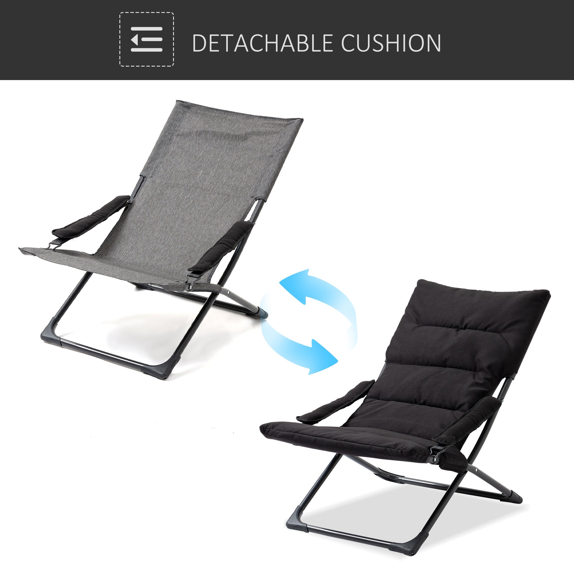 Outsunny Folding Lounge Chair, Mesh Fabric Lounger with Thick Padded Cushion and Armrest, Camping Beach Chair, Black