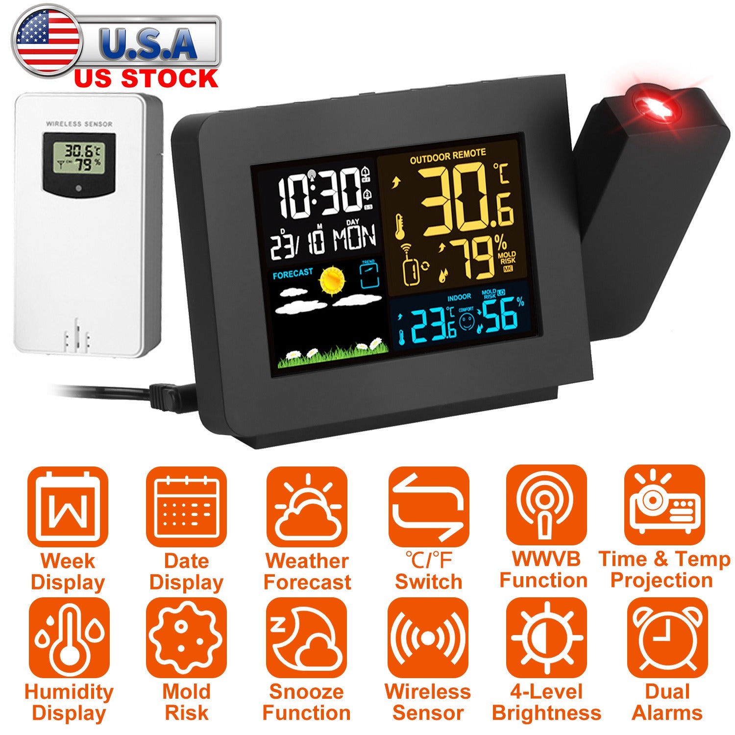 Atomic Projection Alarm Clock Radio Control Clock with WWVB Function Weather Station Dual Alarms Snooze Outdoor Wireless Temperature Humidity Sensor