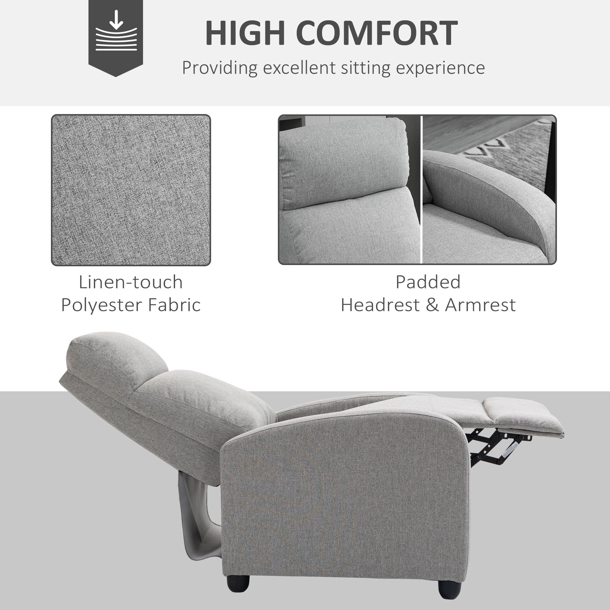 HOMCOM Fabric Recliner Theater Chair: Linen-Touch Single Sofa, Armchair for Living Room, Light Grey