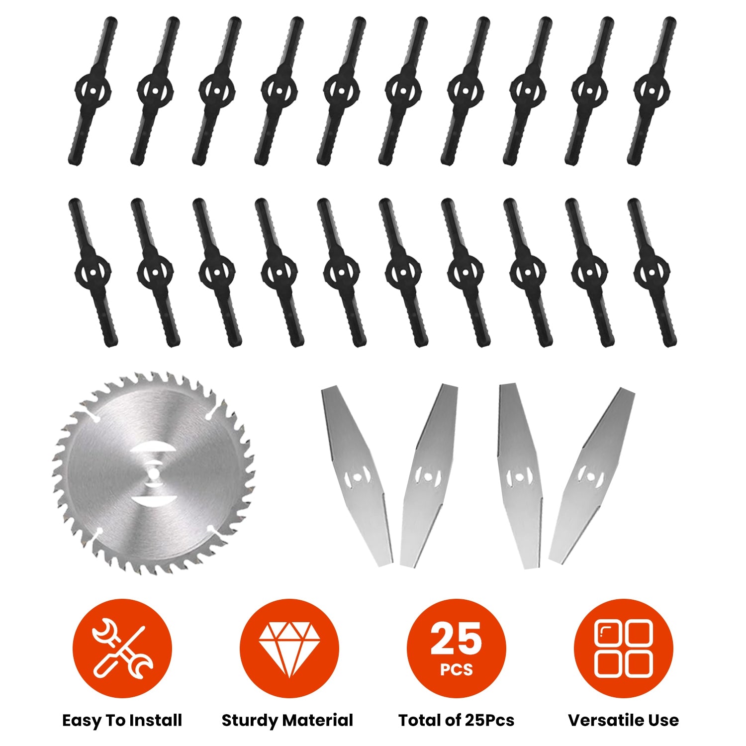 25Pcs Trimmer Blades Head Replacement Set 1Pc 5.91” Alloy Blade 4Pcs 5.71” Stainless Steel Blades 20Pcs 5.31” Plastic Blades For Cordless Weed Trimmer