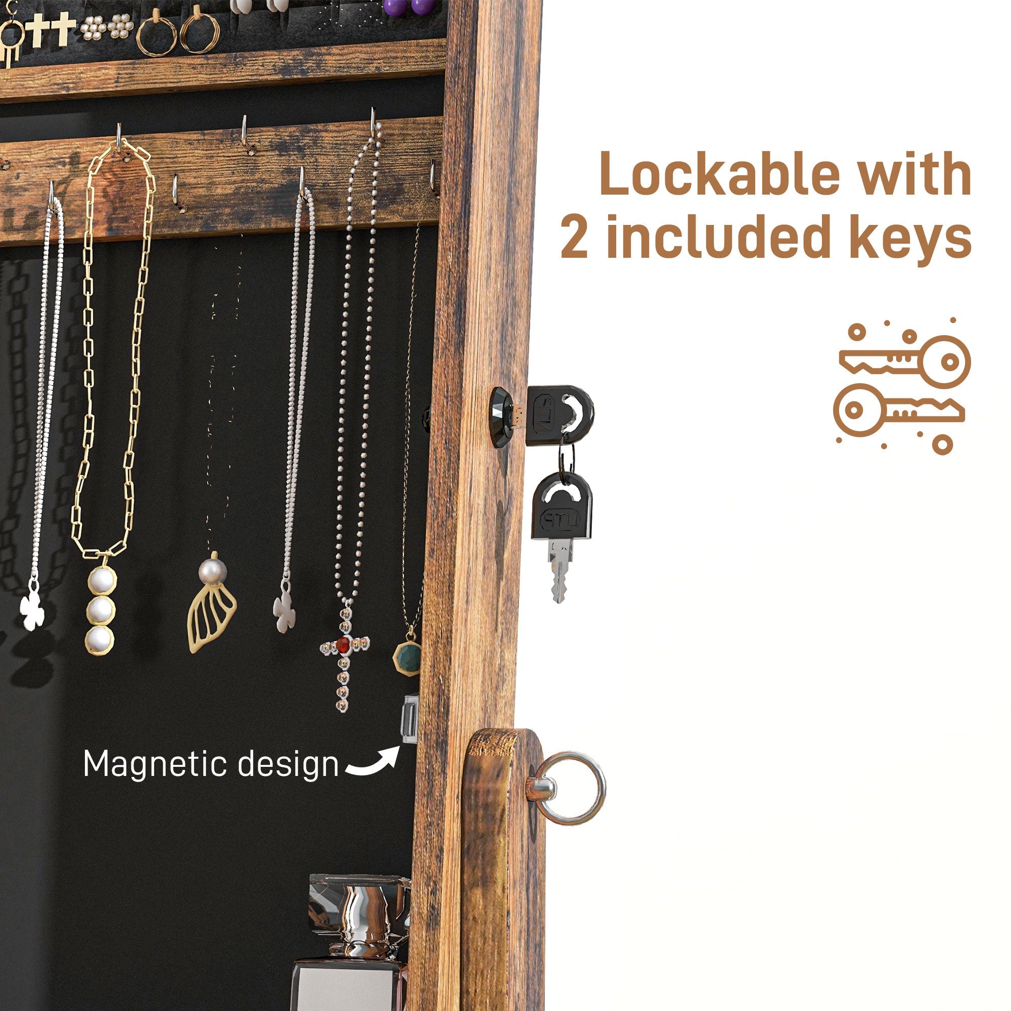 HOMCOM Lockable Jewelry Armoire Full Length Mirror 3 Angle Adjustments Wooden Storage Cabinet Rustic Brown