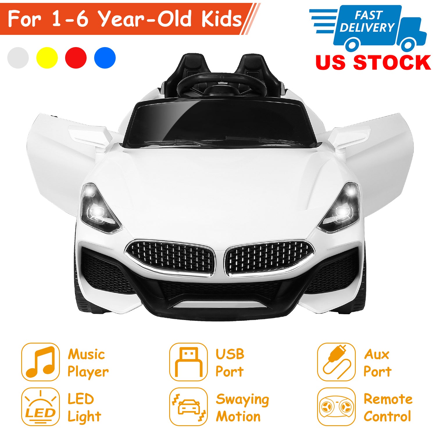 12V Electric Kids Ride-On Car w/ Parental Remote Control Music Horn LED Lights Swaying Function 3 Speeds For Kids Aged 1-6 Years