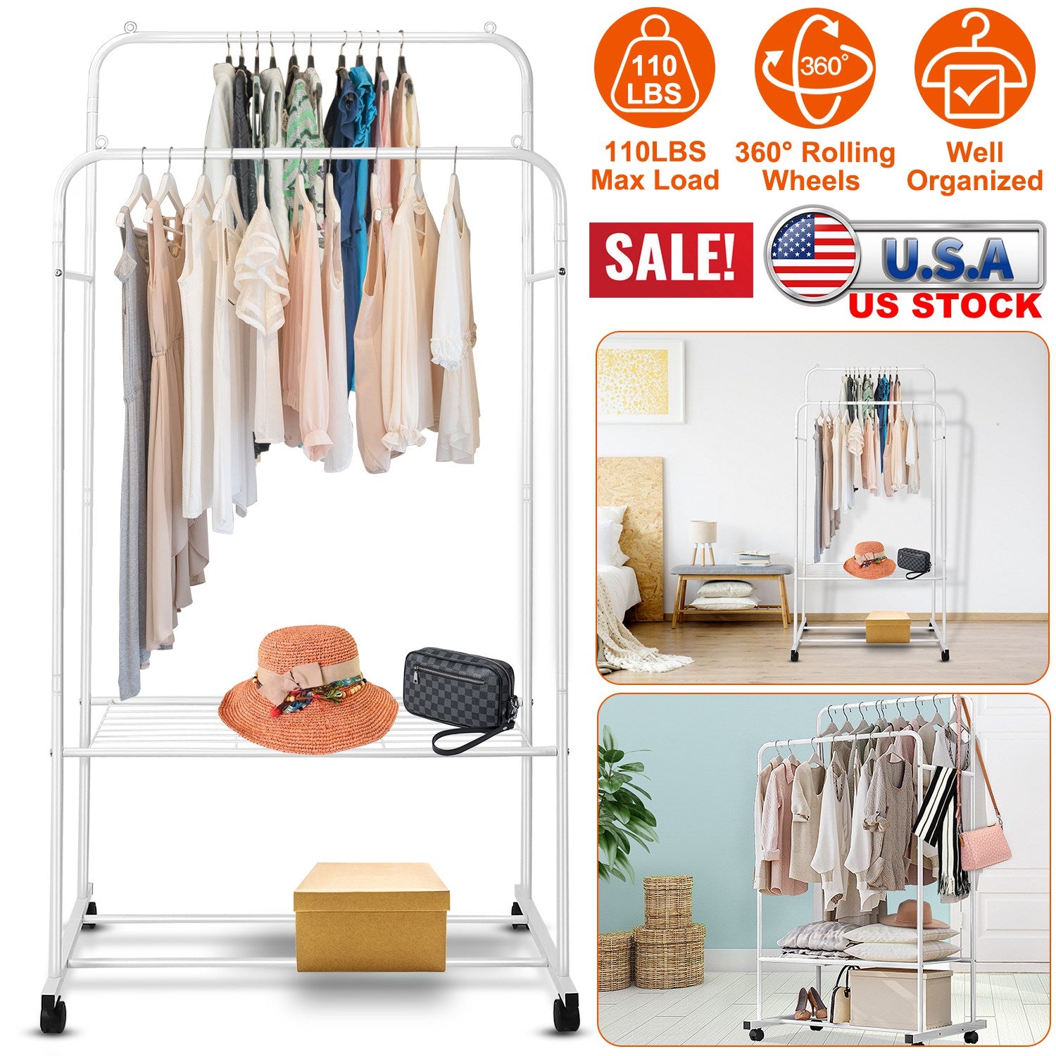 Garment Hanging Rack Clothing Hanging Rail Pillow Shoe Display Organizer Stand Rolling Wheel Clothes Organizer