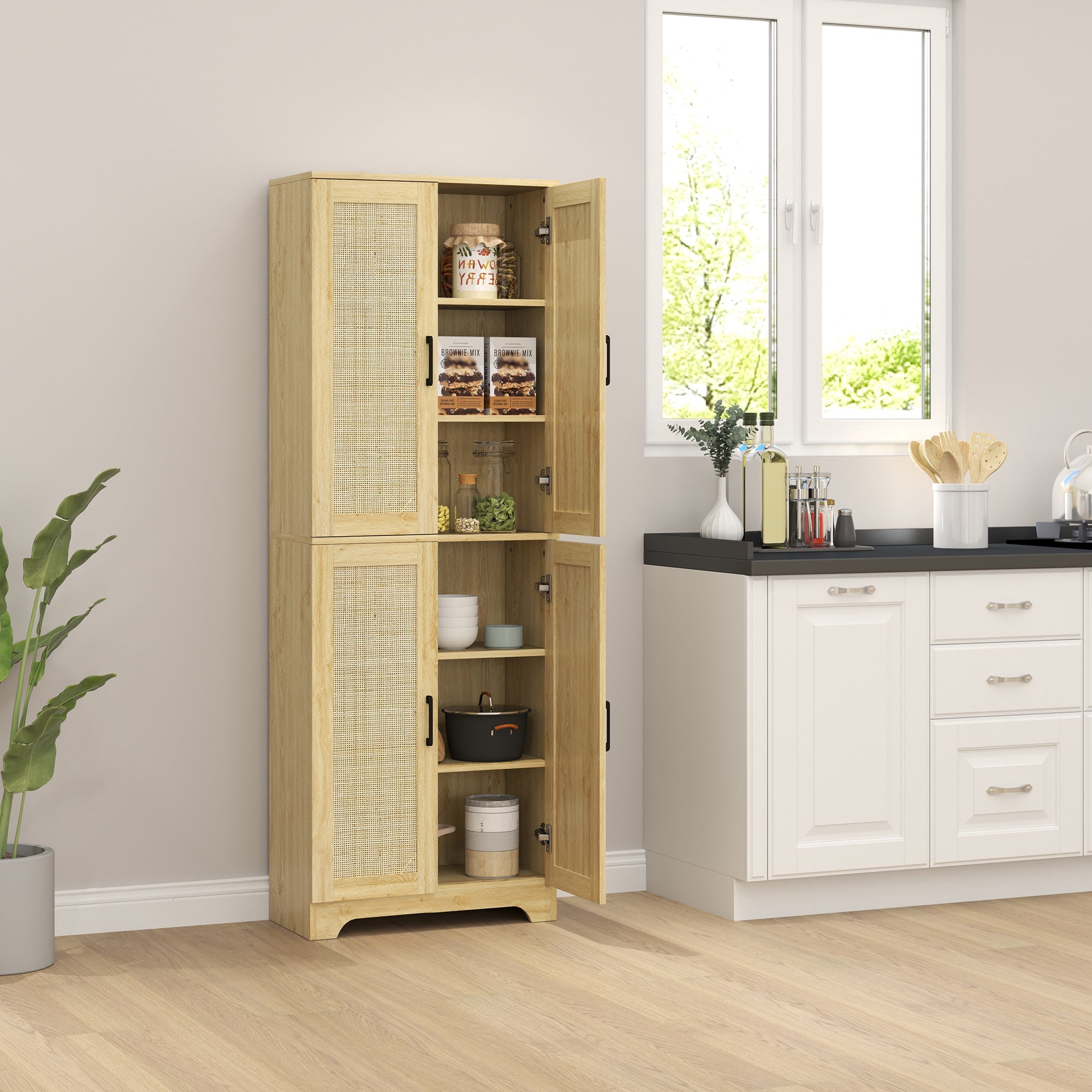 HOMCOM 67" Tall Kitchen Pantry, Freestanding Kitchen Storage Cabinet with 4 Rattan Doors and Adjustable Shelves, Oak