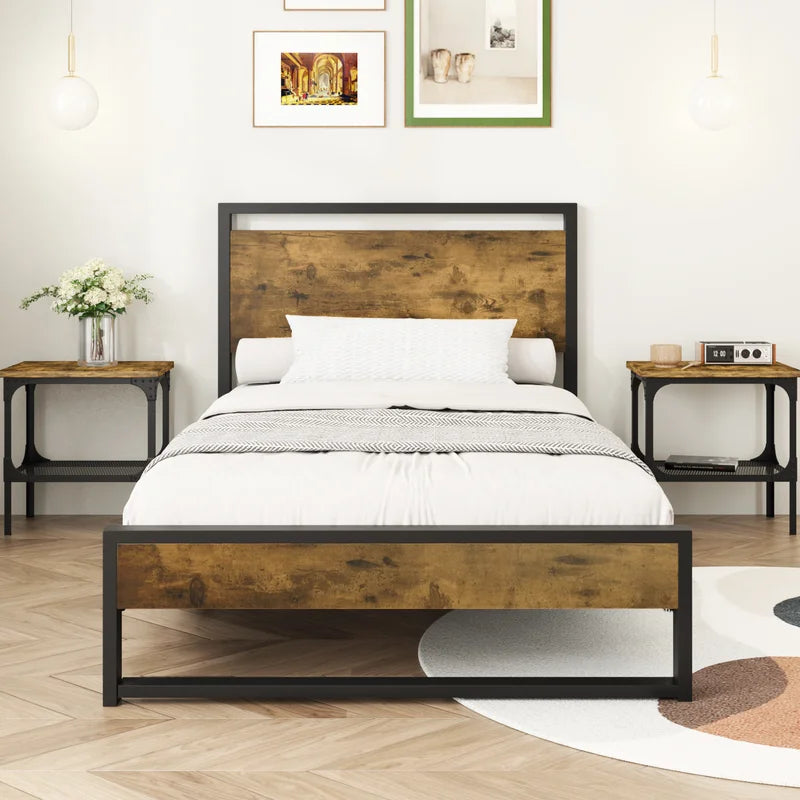 Fenham Black Metal Platform Bed with Industrial Wood Headboard