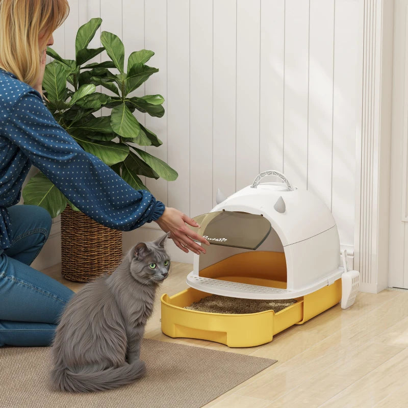 Cat Litter Box with Lid, Front Door Flap, Scoop, Handle, Easy Clean, for Small and Medium Cats, Yellow