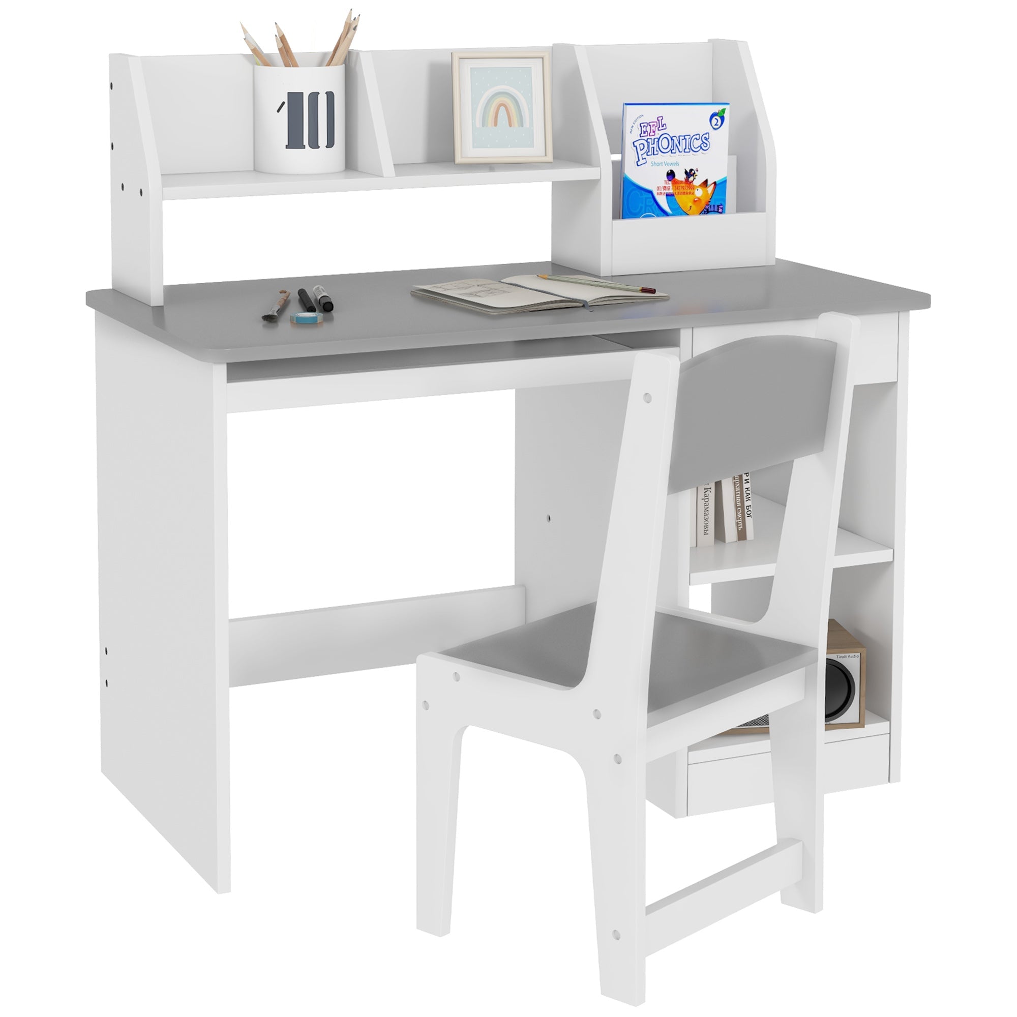 Qaba Kids Desk and Chair Set for 5-8 Year Old with Storage Study Table and Chair for Children Grey
