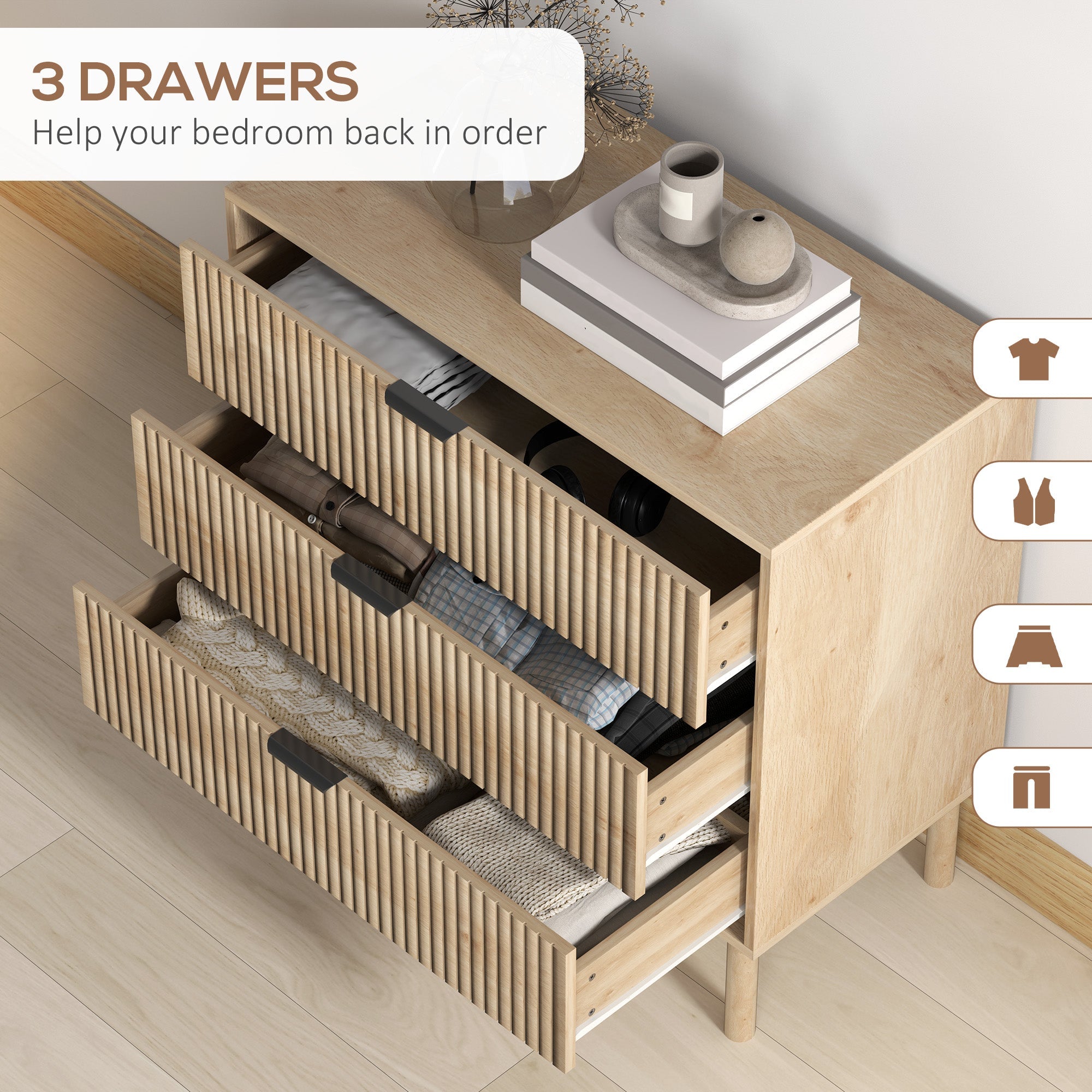 HOMCOM Bedroom Chest of Drawers, 3 Drawer Dresser with Fluted Panels and Solid Wood Legs, Storage Cabinet for Living Room, Oak