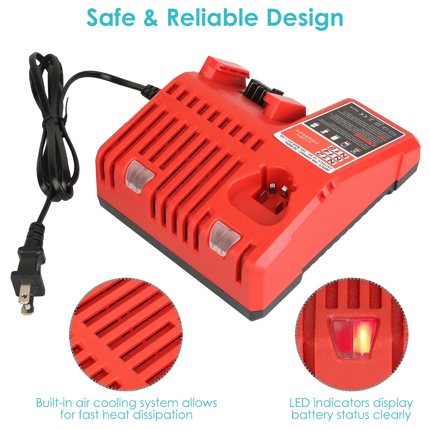 M12 M18 Rapid Fast Charger Fit for Milwaukee 10.8-18V Battery 48-59-1812 48-59-1808