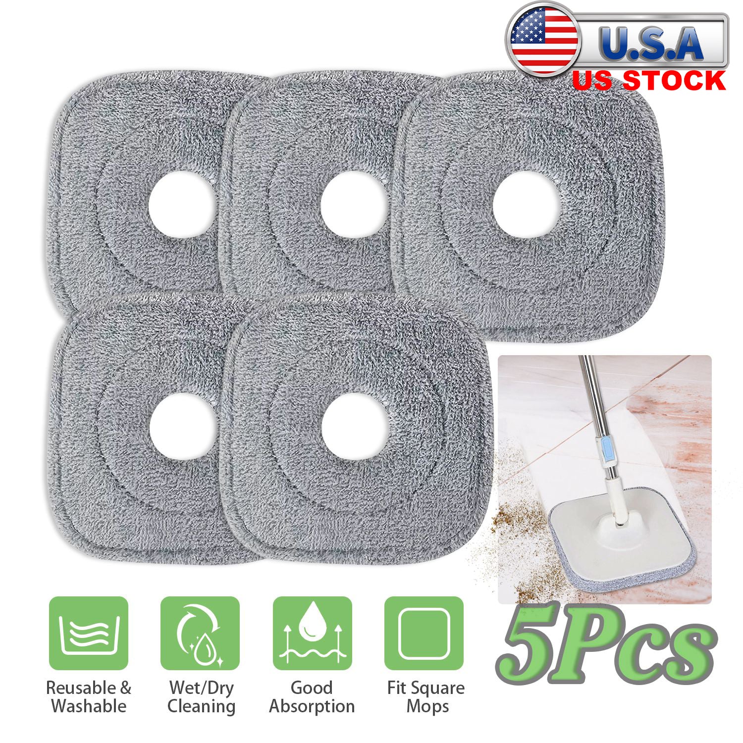 5Pcs Microfiber Mop Pads Reusable Washable Cloth Mop Flat Replacements Head 8.66x8.66in for Square Mop and and Bucket Set Wet/Dry Floor Cleaning