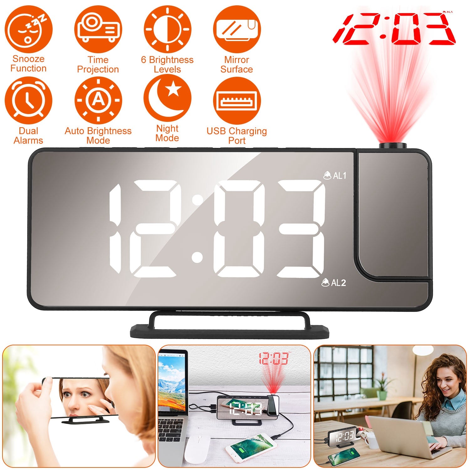 Projection Alarm Clock LED Digital Alarm Clock with Dual Alarms Snooze Function 6 Dimmer 12/24 Hour USB Port 7.7In Mirror