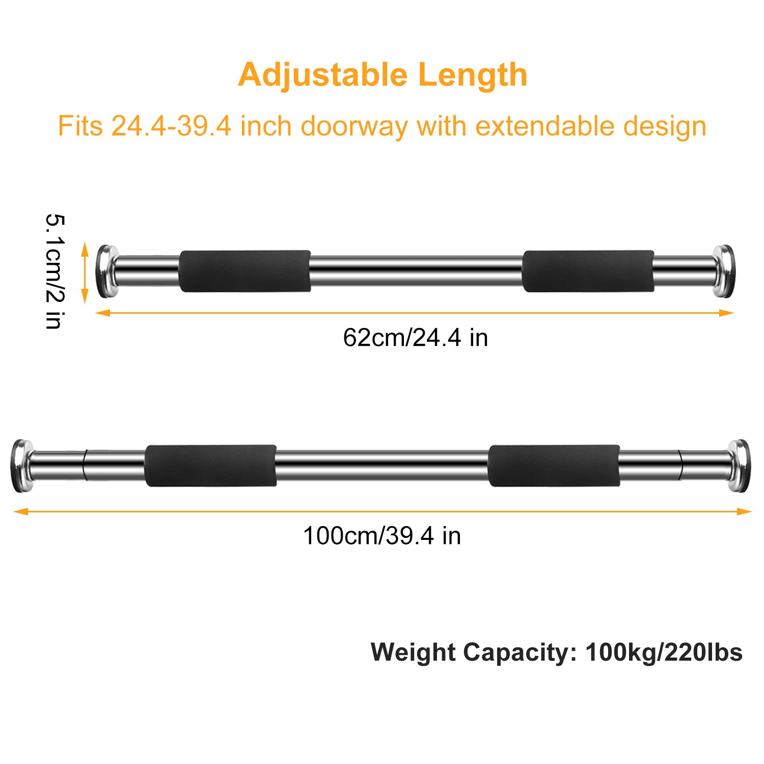 Doorway Pull Up Bar Exercise Gym Chin up Bar With Screws 24.4 To 39.4 Inches Adjustable Comfort Foam Grips For Door Home Exercise Workout Training Fit
