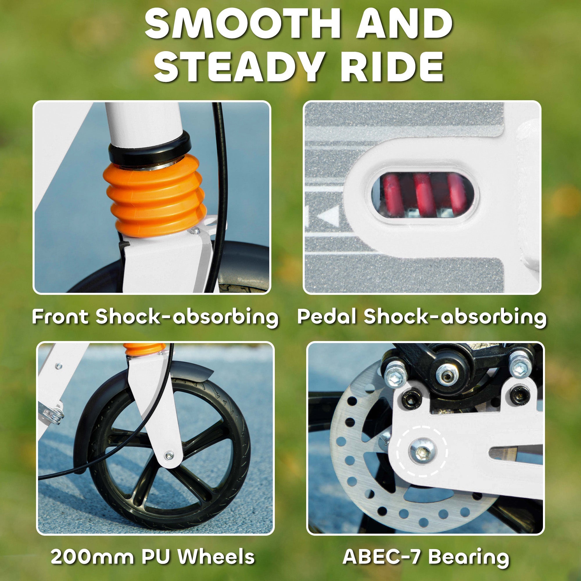 Qaba Foldable Kids Scooter with 4 Adjustable Height, Double Brake, Shock Absorption for Ages 6-12, White