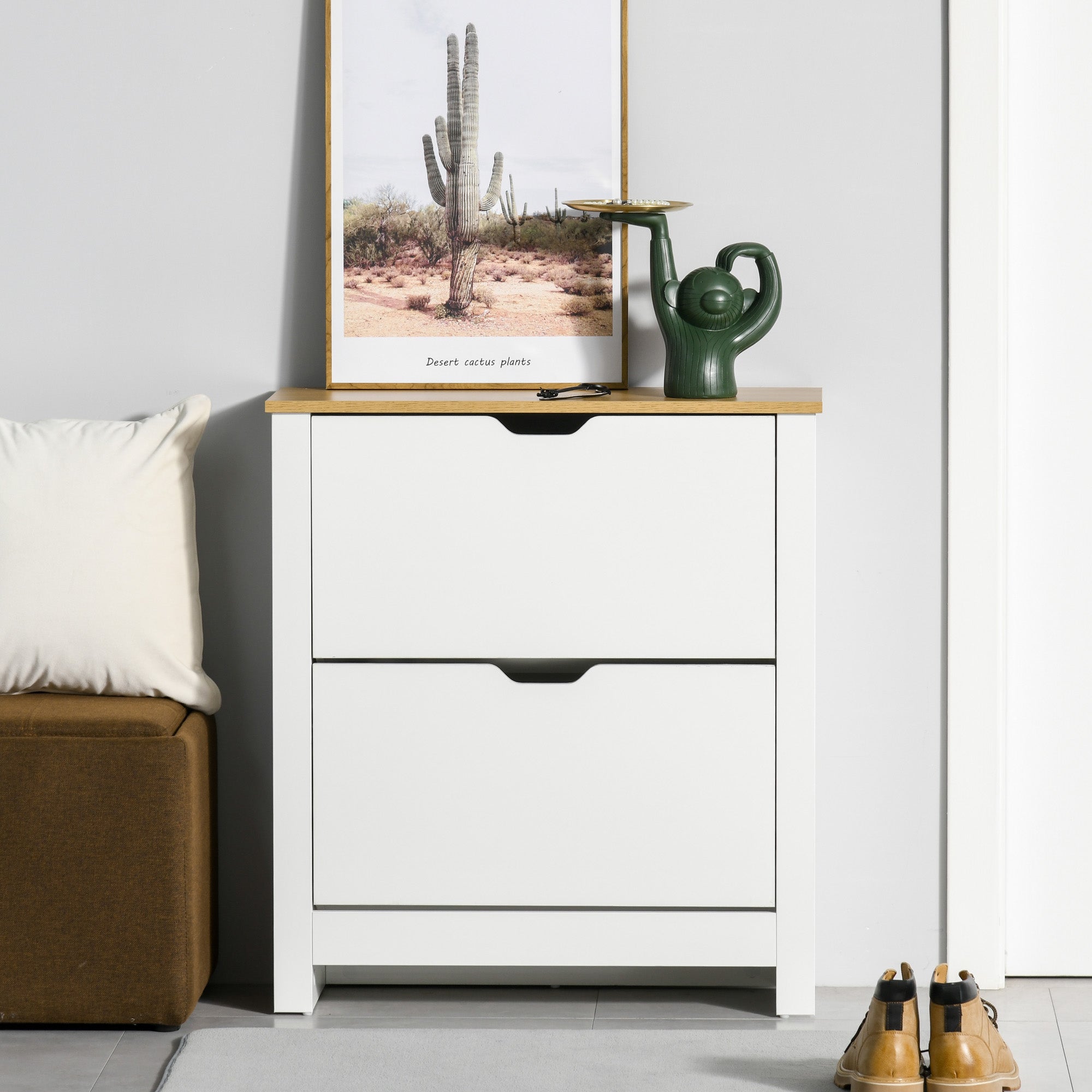 HOMCOM Slim Shoe Storage Cabinet Space-Saving 2 Flip Drawers & Adjustable Shelves Holds 12 Pairs in White