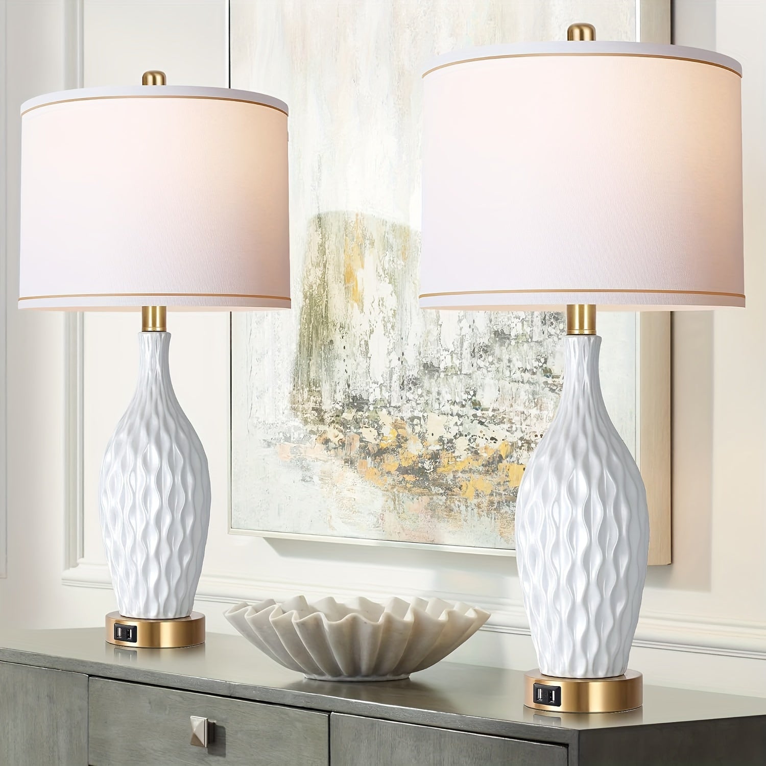 White Table Lamp Set of 2, 3-Way Dimmable Touch Control with USB Ports, 27inch, Linen Shade (LED Bulb Included)