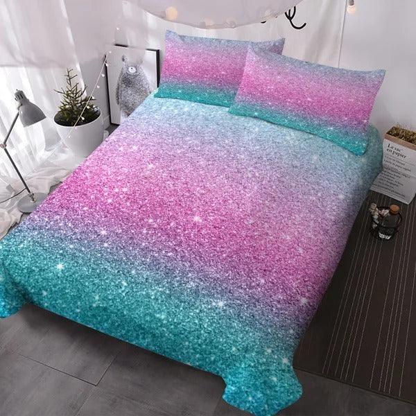 Colorful Glitter Bedding Girly Turquoise Blue Pink And Purple Pastel Colors Duvet Cover 3 Piece Trendy Bed Spreads Queen Size Comforter Cover Sets For Girls