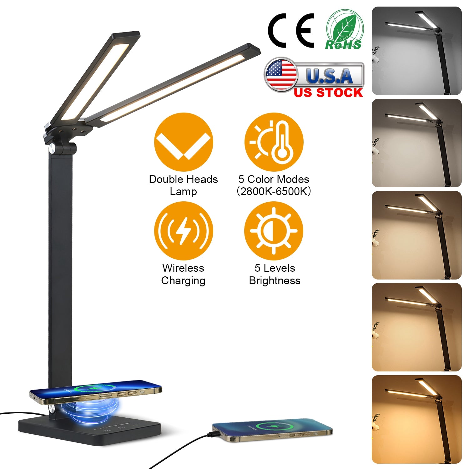Double Head Desk Lamp with Wireless Charging USB Charging Port 5 Color 5 Brightness Eye-Caring Flexible Reading Lamp Foldable Time Setting Table Worki