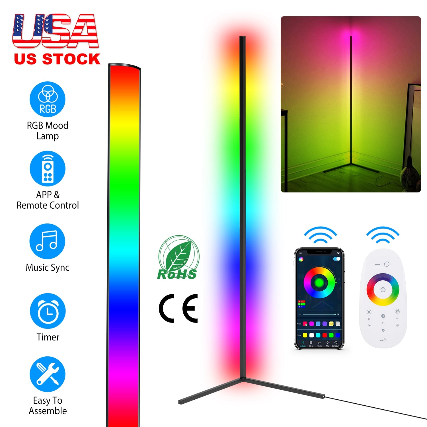 56in Floor Lamp Light LED Standing Lamp Remote Control Dimmable Color Changing Mood Light