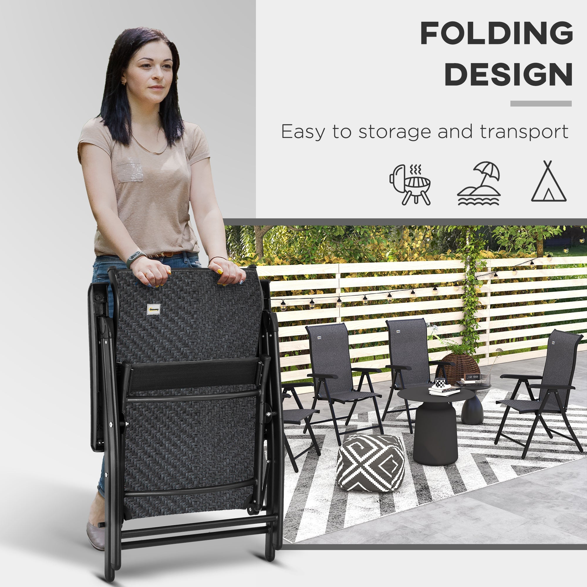 Outsunny 2PC Outdoor Wicker Folding Chairs Adjustable Backrest Patio Furniture Grey