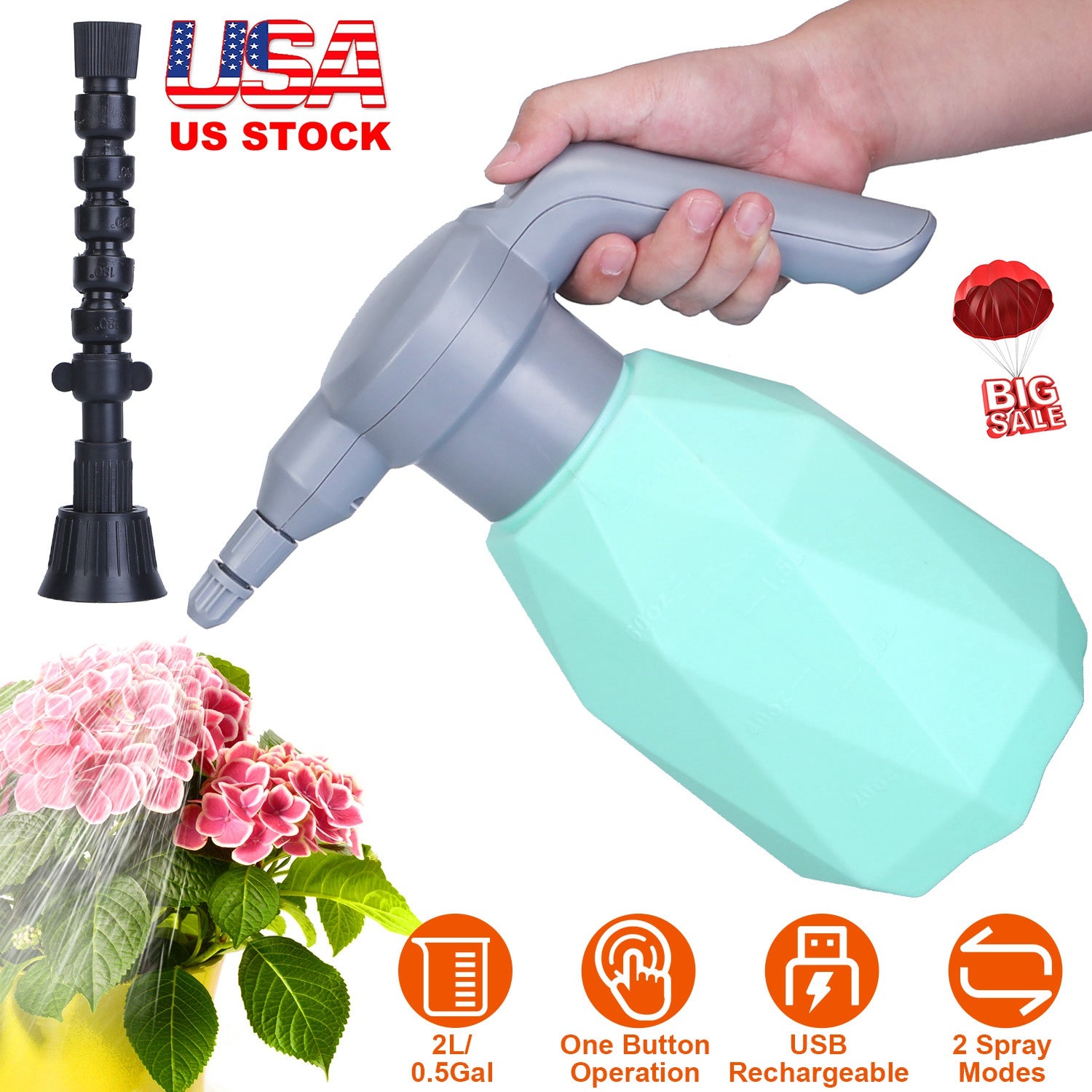 2L/0.5Gallon Electric Spray Bottle Rechargeable Handheld Automatic Plant Watering Sprayer Tank 360 Degrees Adjustable Spout