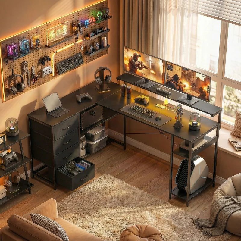 Gaming Desk with Power Outlets LED Lights Computer Desk with Drawers Monitor Stand 61" Black