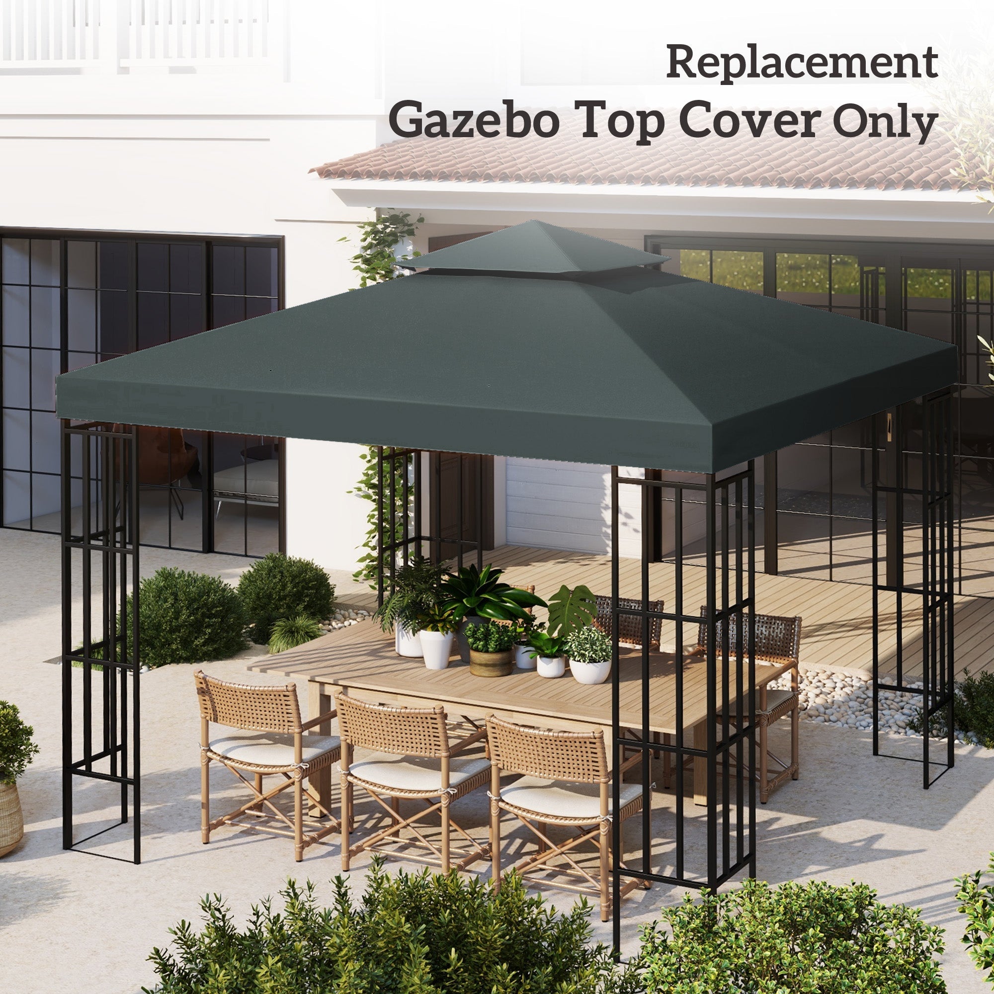 Outsunny 9.8' x 9.8' Square 2-Tier Gazebo Canopy Replacement Top Cover Outdoor Garden Sun Shade, Dark Grey