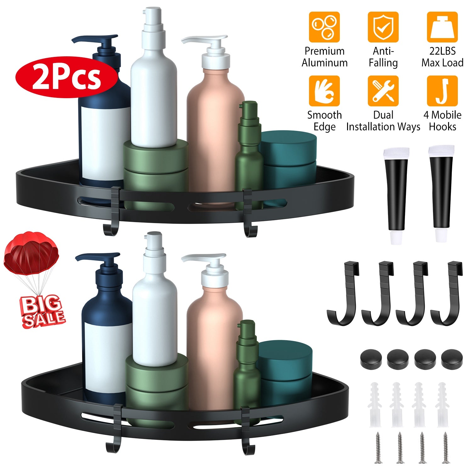 2Pcs Corner Shower Caddy Shelf Adhesive Bathroom Wall Mounted Storage Racks Aluminum No Drilling Organizers For Bathroom Toilet Kitchen Dorm